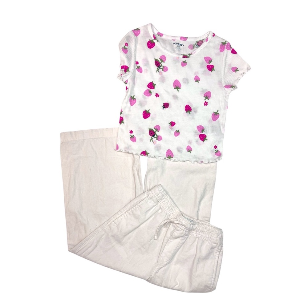 Old Navy Girls Outfit Set Lot Strawberry Pattern White Wide Leg Pants Size 6 - 7